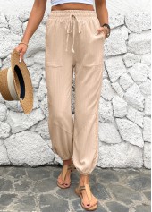 Light Camel bottoms,Plain Color bottoms,Drawstring Light Camel Jogger Elastic Waist High Waisted Pants