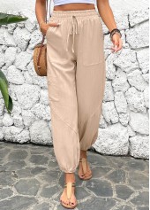 Light Camel bottoms,Plain Color bottoms,Drawstring Light Camel Jogger Elastic Waist High Waisted Pants