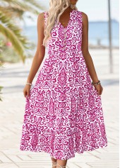 Hot Pink dresses,Tribal dresses,Vacation dresses,Vacation dresses,ROTITA Tribal Print Hot Pink Maxi Split Neck Sleeveless Dress