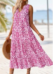 Hot Pink dresses,Tribal dresses,Vacation dresses,Vacation dresses,ROTITA Tribal Print Hot Pink Maxi Split Neck Sleeveless Dress