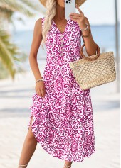 Hot Pink dresses,Tribal dresses,Vacation dresses,Vacation dresses,ROTITA Tribal Print Hot Pink Maxi Split Neck Sleeveless Dress
