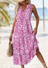 Hot Pink dresses,Tribal dresses,Vacation dresses,Vacation dresses,ROTITA Tribal Print Hot Pink Maxi Split Neck Sleeveless Dress