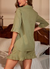 Olive Green loungewear,Plain Color loungewear,Olive Green Lapel Half Sleeve Lounge Top and Shorts