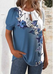 White tops,Floral tops,Plants tops,ROTITA Cut Out Floral Print White Round Neck T Shirt