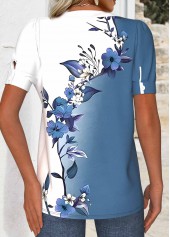 White tops,Floral tops,Plants tops,ROTITA Cut Out Floral Print White Round Neck T Shirt