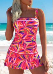 ROTITA Ruched Hot Pink Leaf Print Mid Waisted Tankini Set