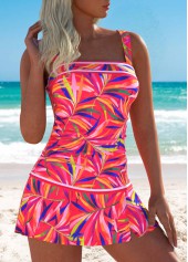 Hot Pink swimwear,Plants swimwear,ROTITA Ruched Hot Pink Leaf Print Mid Waisted Tankini Set