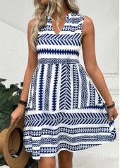 Blue dresses,Tribal dresses,Vacation dresses,Vacation dresses,ROTITA Tribal Print Blue Split Neck Sleeveless Dress