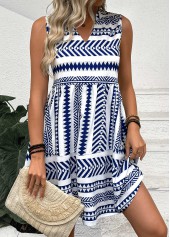 Blue dresses,Tribal dresses,Vacation dresses,Vacation dresses,ROTITA Tribal Print Blue Split Neck Sleeveless Dress
