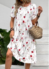 White dresses,Floral dresses,Plants dresses,Everyday dresses,Casual dresses,ROTITA Tuck Stitch Floral Print White A Line Dress