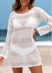 White swimwear,Plain Color swimwear,White Round Neck Long Sleeve Cover Up