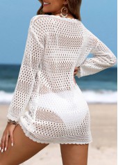 White swimwear,Plain Color swimwear,White Round Neck Long Sleeve Cover Up