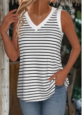 White tops,Striped tops,Geometric tops,ROTITA Striped White V Neck Sleeveless Tank Top