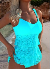 Cyan swimwear,Plain Color swimwear,ROTITA Lace V Neck Cyan Tankini Set