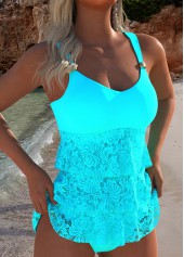 ensemble de tankini cyan à col en V en dentelle Rotita