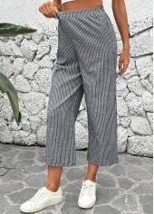 Black bottoms,Striped bottoms,Geometric bottoms,Striped Black Straight Leg Elastic Waist Mid Waisted Pants