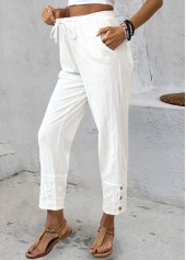 White bottoms,Plain Color bottoms,Straight Leg White Drawastring Mid Waisted Pants