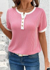 Pink tops,Contrast Color tops,ROTITA Pink Split Neck Short Sleeve T Shirt