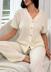 Beige loungewear,Contrast Color loungewear,V Neck Beige Short Sleeve Lounge Top and Pants