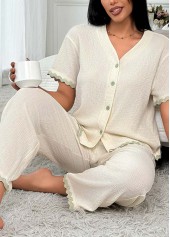 Beige loungewear,Contrast Color loungewear,V Neck Beige Short Sleeve Lounge Top and Pants