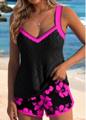 Hot Pink swimwear,Floral swimwear,Plants swimwear,ROTITA Contrast Binding Hot Pink Floral Print Tankini Set