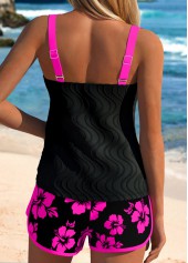 Hot Pink swimwear,Floral swimwear,Plants swimwear,ROTITA Contrast Binding Hot Pink Floral Print Tankini Set