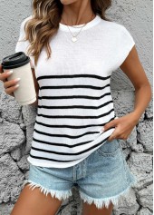 White tops,Striped tops,Geometric tops,Striped White Round Neck Short Sleeve T Shirt