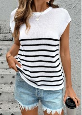 White tops,Striped tops,Geometric tops,Striped White Round Neck Short Sleeve T Shirt