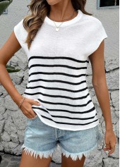 Striped White Round Neck Short Sleeve T Shirt