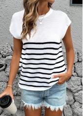 White tops,Striped tops,Geometric tops,Striped White Round Neck Short Sleeve T Shirt