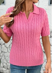Hot Pink tops,Plain Color tops,Hot Pink Turn Down Collar Short Sleeve Blouse