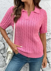 Hot Pink tops,Plain Color tops,Hot Pink Turn Down Collar Short Sleeve Blouse