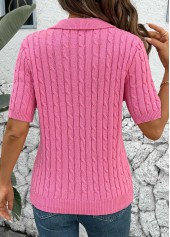 Hot Pink tops,Plain Color tops,Hot Pink Turn Down Collar Short Sleeve Blouse