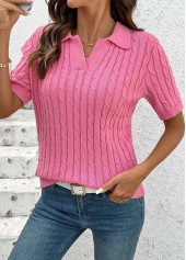 Hot Pink tops,Plain Color tops,Hot Pink Turn Down Collar Short Sleeve Blouse
