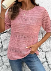 Pink tops,Plain Color tops,Round Neck Short Sleeve Pink Crochet Ladies Top