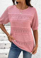 Pink tops,Plain Color tops,Round Neck Short Sleeve Pink Crochet Ladies Top