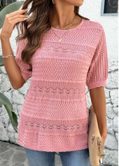 Pink tops,Plain Color tops,Round Neck Short Sleeve Pink Crochet Ladies Top