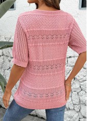 Pink tops,Plain Color tops,Round Neck Short Sleeve Pink Crochet Ladies Top