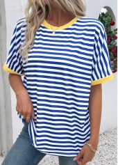 Blue tops,Striped tops,Geometric tops,ROTITA Striped Blue Round Neck Short Sleeve T Shirt
