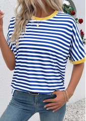 Blue tops,Striped tops,Geometric tops,ROTITA Striped Blue Round Neck Short Sleeve T Shirt