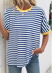 Blue tops,Striped tops,Geometric tops,ROTITA Striped Blue Round Neck Short Sleeve T Shirt