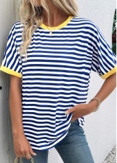 Blue tops,Striped tops,Geometric tops,ROTITA Striped Blue Round Neck Short Sleeve T Shirt