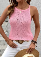 Pink tops,Plain Color tops,Pink Round Neck Sleeveless Tank Top
