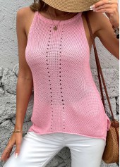 Pink tops,Plain Color tops,Pink Round Neck Sleeveless Tank Top