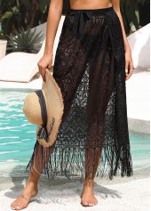 Black swimwear,Plain Color swimwear,Side Slit Tassel Black Cover Up Skirt