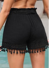 Black swimwear,Plain Color swimwear,Fringe Tassel Black Patchwork Beach Shorts