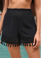 Black swimwear,Plain Color swimwear,Fringe Tassel Black Patchwork Beach Shorts