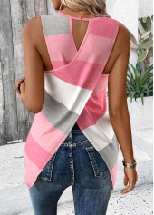 Pink tops,Striped tops,Geometric tops,ROTITA Criss Cross Striped Pink Round Neck Sleeveless Tank Top