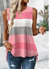 Pink tops,Striped tops,Geometric tops,ROTITA Criss Cross Striped Pink Round Neck Sleeveless Tank Top
