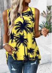 Neon Yellow tops,Plants tops,ROTITA Tropical Plants Print Neon Yellow Round Neck Tank Top